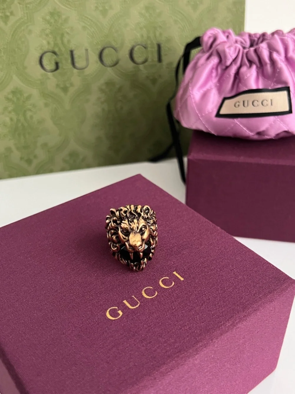 Gucci Lion Head Gold Color Ring with Black Stone Size 23 IT 10.5 US New